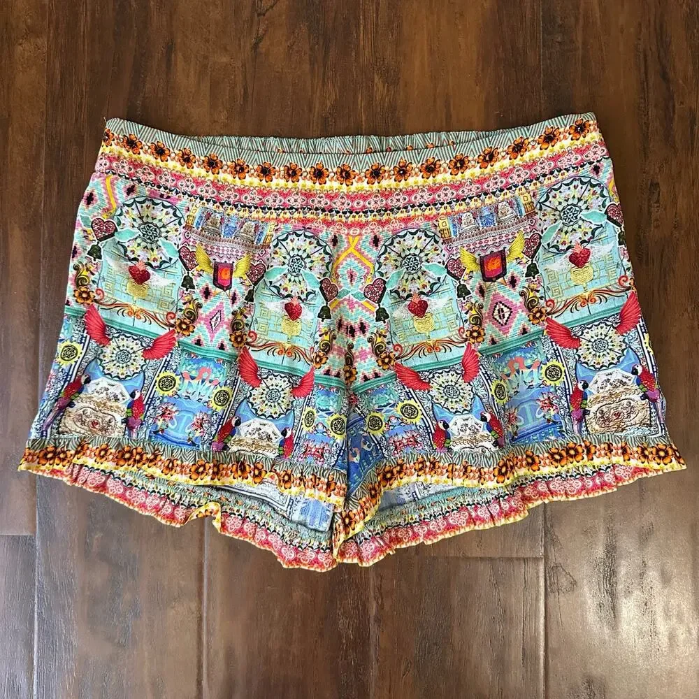 CAMILLA Shorts Multicolor Allover Print Silk Studded Embellished Boho